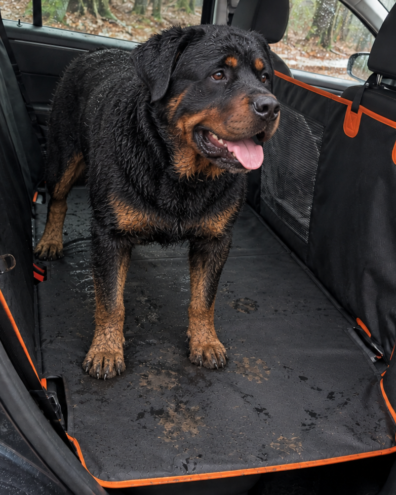 Großer nasser Rottweiler steht auf dem stabilen Hartboden der Autoschutzdecke