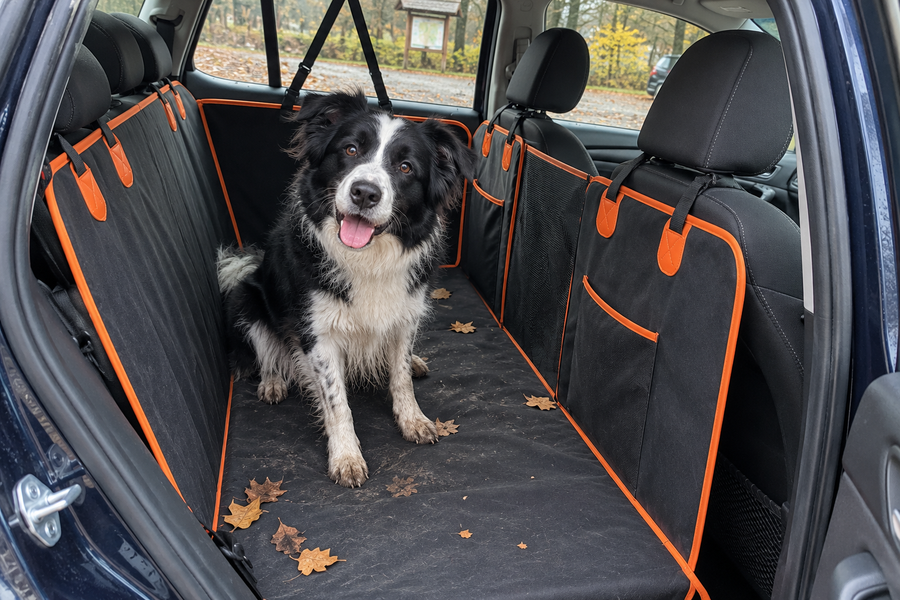 Schwarz-weißer Hund mit schmutzigen Pfoten auf einer Autoschutzdecke