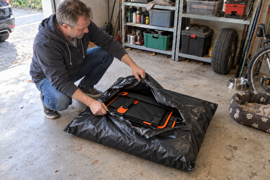 Kunde öffnet die gelieferte Autoschutzdecke in seiner Garage